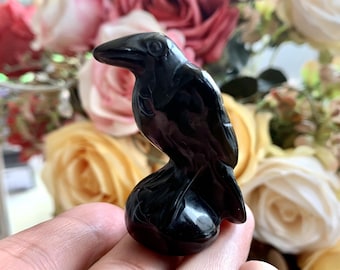Escultura de corvos de obsidiana natural de 2", decoração de estatueta de pássaros com pedras preciosas, decoração de casa de animais de cristal curativo, presentes de cristal para amigos.