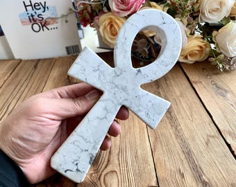 8" Large Hand-carved Crystal Ankh Statue, Howlite Quartz Cross Carving, Healing Chakra Crystals Home Decor.Random