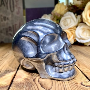 Large Natural Terahertz Skull Carving, Hand Carved Hematite Skull Sculptures Home Decor, Healing Crystals Gift.