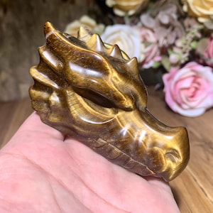 Gorgeous! Handcrafted Tiger Eye Stone Dragon Skull Figurine, Natural Crystal Sculptures for Desk Decor, Healing Crystals Gifts.