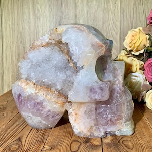 Huge!! 220MM Amethyst Geode Agate Skull Carving, Hand Carved Druzy Crystal Skull Figurine, Home Decor, Healing Crystals Gifts.