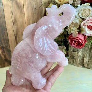 Gorgeous! Large Rose Quartz Elephant Carving Decor, Pink Crystal Animal Sculpture Home Decor, Healing Crystal Gifts For Friends.