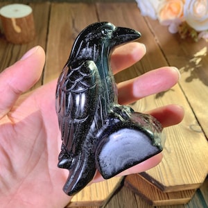 Grande figurine de corbeaux en obsidienne de 100 mm, sculptures de corbeaux en cristal sculpté à la main pour décoration de bureau, cadeaux d&#39;oiseaux en cristaux de guérison.