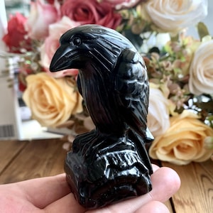 Rares ! 80 mm de corbeau en obsidienne naturelle, décoration de figurine d&#39;oiseau en pierres précieuses, décoration d&#39;animal en cristal curatif, cadeau en cristal pour un ami.