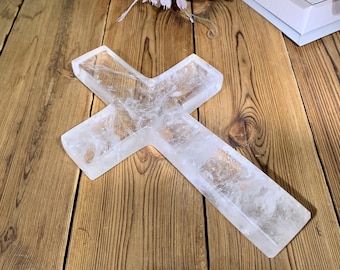 Rare! 7.5" Large Hand-carved Crystal Cross Statue, Clear Quartz Cross Carving, Healing Chakra Crystals Home Decor.