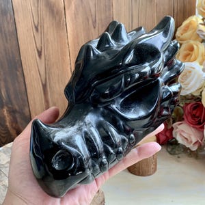 Giant Natural Silver Obsidian Dragon Skull Carving, Handcrafted Crystal Skull Sculpture Decor, Healing Crystal Gift