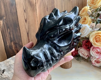 Giant Natural Silver Obsidian Dragon Skull Carving, Handcrafted Crystal Skull Sculpture Decor, Healing Crystal Gift