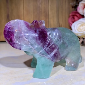 Rainbow Fluorite Elephant Carving, Natural Crystal Hand Carved Elephant Figurine, Healing Crystal Animals Home Decor, Crystal Gifts