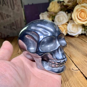 Cool! 3.5" Large Handcarved Hematite Skull Carving, Crystal Skull Sculptures Home Decor, Healing Crystals Gift.