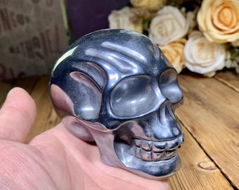 Cool! 3.5" Large Handcarved Hematite Skull Carving, Crystal Skull Sculptures Home Decor, Healing Crystals Gift.