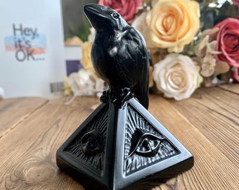 Raro! Estatueta de pirâmide de corvos de obsidiana natural de 4", esculturas de corvos de cristal esculpidas à mão para decoração de mesa, presentes de pássaros com cristais curativos.