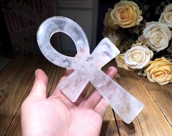 8" Large Hand-carved Crystal Ankh Statue With Rainbow, Clear Quartz Cross Carving, Healing Chakra Crystals Home Decor.Random