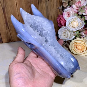Exquisite! 7.3&quot; Large Geode Agate Dragon Skull Carving, Hand Carved Druzy Crystal Skull Figurine Home Decor, Healing Crystals Gifts.