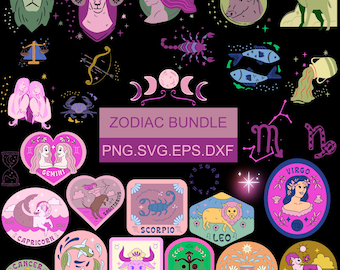 May include: A set of 12 colorful zodiac signs with illustrations of each astrological symbol. The signs are arranged in a circle with the text "ZODIAC BUNDLE" and "PNG.SVG.EPS.DXF" in the center.