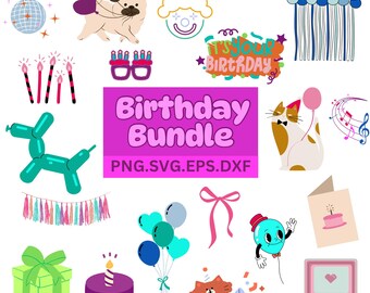 Imágenes prediseñadas SVG de Feliz Cumpleaños / Pastel, Globos, Guirnaldas (Archivos digitales)