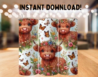 Highland Cow Tumbler Wrap: Floral 20oz Skinny Sublimation Design (PNG ...