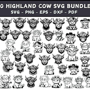 ハイランド牛バンドル SVG、80 種類のハイランド牛デザイン、ハイランド牛 png 牛 SVG、赤ちゃんかわいい牛 SVG、ハイランド牛昇華、Cricut カット ファイル
