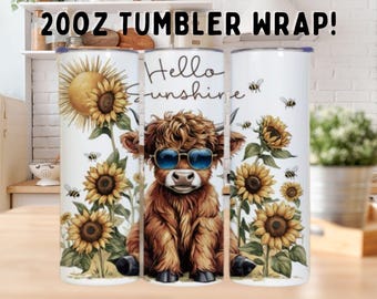 Sunflower Highland Cow 20 Oz Tumbler Wrap PNG, Hello Sunshine (Digital Download)