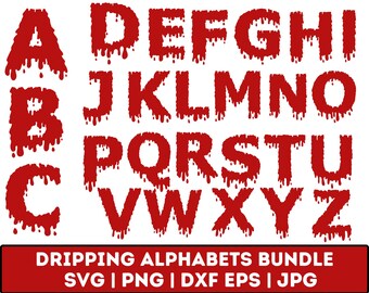Könnte beinhalten: Ein tropfender Blut-Alphabetsatz in Rot. Die Buchstaben A bis Z sind in einem tropfenden Stil dargestellt, als wären die Buchstaben aus Blut. Die Buchstaben sind auf weißem Hintergrund isoliert. Der Text "DRIPPING ALPHABETS BUNDLE SVG | PNG | DXF EPS | JPG" befindet sich am unteren Rand des Bildes.