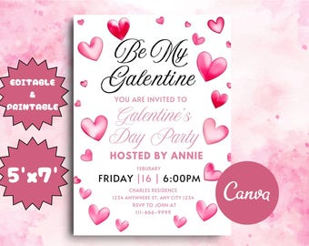 Galentine's Day Party Invitation, Hearts, Editable Canva Template (Digital Download)
