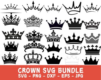 May include: A set of 20 black and white crown SVG cut files. The crowns are in various styles, including simple, ornate, and regal.  The text "CROWN SVG BUNDLE" is at the bottom of the image.  SVG - PNG - DXF - EPS - JPG