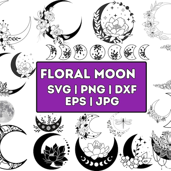 Floral Moon SVG Bundle, Celestial Cricut Cut Files (Digital Download)
