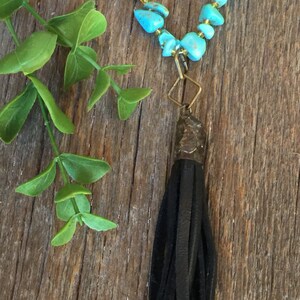 Genuine Leather Tassel w/Turqouise Stone Necklace, Tassel Necklace, Tassel, Black Tassel, Boho Chic, Unique, Turquoise, Turqouise and Tassel