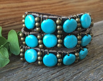 Brown Leather/Turqouise Stone Wrap Bracelet,Bracelet,Genuine Leather Bracelet,Turquoise Bracelet,Leather/ Turquoise Bracelet,wrap bracelet