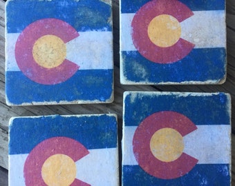 Natural Stone Coasters, Stone Coasters, Drinkware, Coasters, Custom Coasters, Barware, Colorado Flag, Colorado Flag Coasters