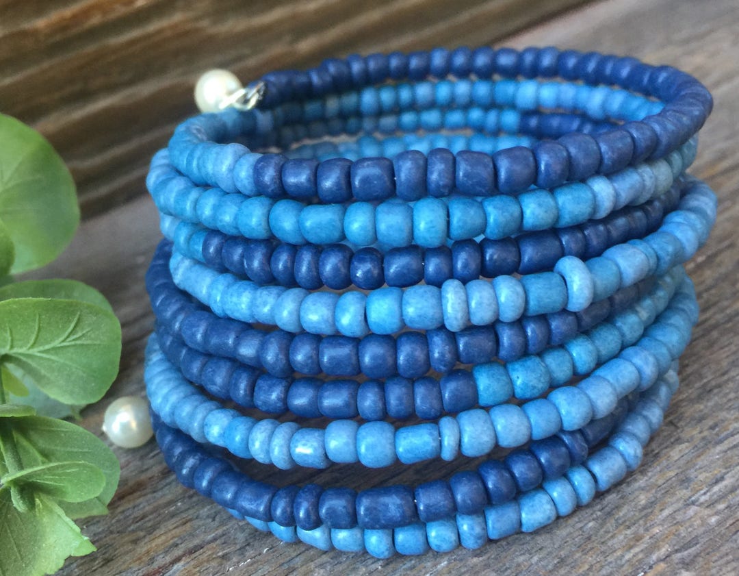 Stacked/wrap Bracelet in Blue, Wrap Bracelets, Memory Wire Bracelets, Blue Bracelets, Beaded