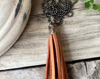 Tassel Pendants,Tassels,Camel Color,Long Pendants,Fringe,Genuine Leather,Brass Chain,Ball Chain,Tassel Jewelry,Soldered Pendants,Unique Gift