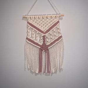 Boho macrame wall hanging, handmade tapestry in cream and dusty rose, woven yarn art