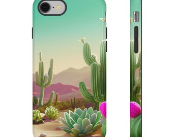 May include: A phone case featuring a desert scene with cacti and succulents in shades of green, pink, and brown. The background is a soft, pastel blue and the sand is a light beige.