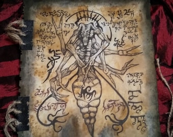 May include: A parchment scroll with a detailed black and white illustration of a creature with multiple arms and legs. The creature is surrounded by intricate symbols and text.