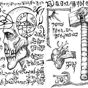 May include: A black and white illustration of a monster with wings, a skull with a third eye, and a hammer with a skull on the head. The illustration is surrounded by various symbols and text.