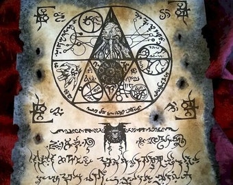 May include: A black and white image of a parchment scroll with a circular symbol in the center. The symbol is surrounded by a series of smaller symbols and text. The parchment is torn and has burn marks around the edges.