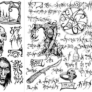 May include: Black and white illustration featuring a range of mystical symbols, including a skull, a tree, a serpent, and a hand holding a dagger. The symbols are surrounded by intricate patterns and designs.