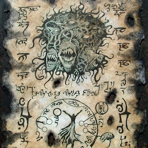 May include: A vintage parchment paper with a dark green and black illustration of a multi-headed monster with sharp teeth and glowing eyes. The paper is covered in black ink symbols and has burn marks around the edges.