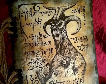 May include: A parchment scroll with a demonic creature drawn in black ink. The creature has horns, fangs, and multiple eyes. The scroll is covered in strange symbols and runes.