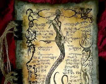 May include: A vintage-style parchment scroll with an intricate black and white illustration of a creature with a serpentine tail and a human-like torso. The scroll is covered in handwritten text and symbols.