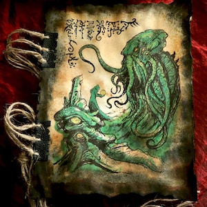 May include: A green and black ink drawing of a tentacled creature with large eyes on a parchment background. The creature is depicted with a long, thin tentacle reaching up towards the top of the page. The parchment is covered in faded writing and has a worn, aged appearance.