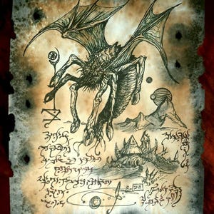 May include: A black ink drawing on aged, stained paper featuring a winged, multi-legged creature hovering above a landscape with a pyramid-like structure, celestial bodies, and intricate, illegible script written in a dark, flowing calligraphic style.
