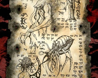 Demons of Sarnath Necronomicon Page Eldritch Horror Art Print, Cthulhu Mythos Prop, Fantasy LARP Spellbook Insert, Mage Decor