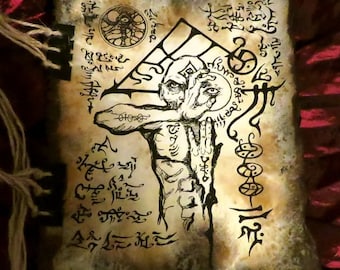 May include: A parchment scroll with a dark, detailed illustration of a humanoid figure with multiple eyes, surrounded by intricate symbols and runes. The scroll has a worn, aged appearance.
