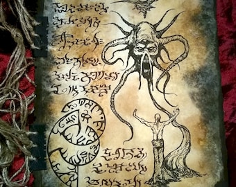 May include: A black and white illustration of a creature with tentacles and a single eye, a human figure with arms raised, and a spiral symbol on a parchment background.