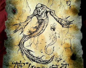 NINGEN TITAN and MERMAID sea demon Necronomicon page occult magick dark spirit vampire horror