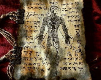 May include: A vintage, parchment-like paper with a hand-drawn illustration of a human figure surrounded by geometric shapes and symbols. The paper is aged and has a brown, worn appearance. The text on the paper is in an unknown language.