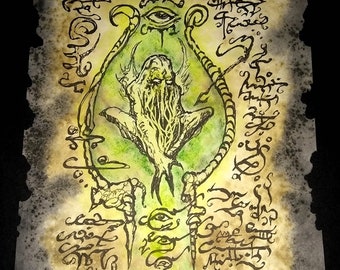 CTHULHU PRIEST of the green mist monster demon Necronomicon page occult magick dark horror