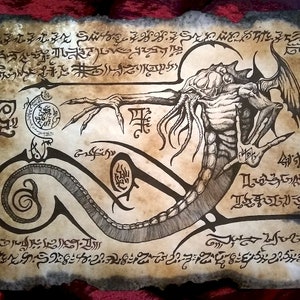 Cthulhu Rlyeh Texto Página del Necronomicón Pergamino Arte oscuro