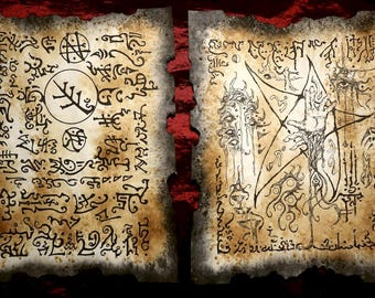 May include: Two aged parchment pages with dark ink illustrations and symbols. The left page features a central circle with a tree-like symbol, surrounded by other glyphs. The right page displays a five-pointed star with a hand and multiple eyes.